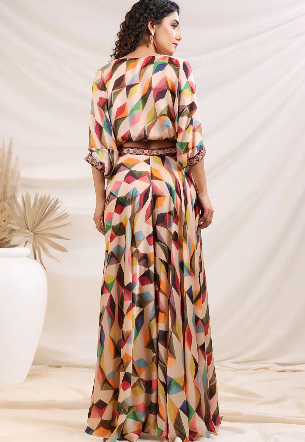 Digital Printed Satin Crop Top Set in Multicolor