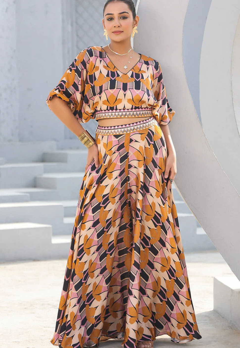 Digital Printed Satin Crop Top Set in Multicolor
