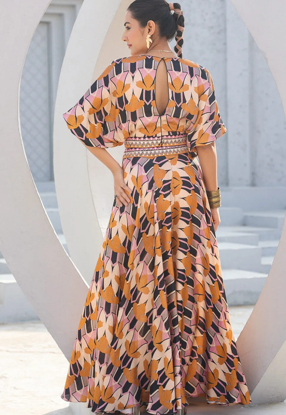 Digital Printed Satin Crop Top Set in Multicolor