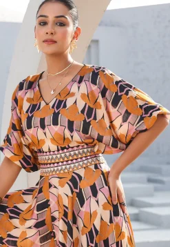 Digital Printed Satin Crop Top Set in Multicolor