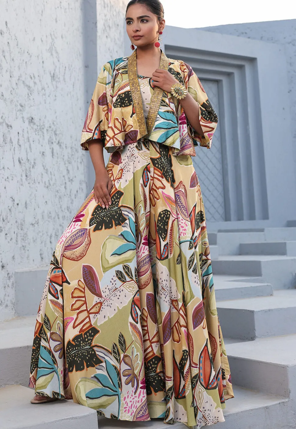 Digital Printed Satin Crop Top Set in Multicolor
