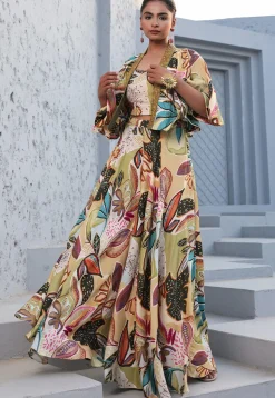 Digital Printed Satin Crop Top Set in Multicolor