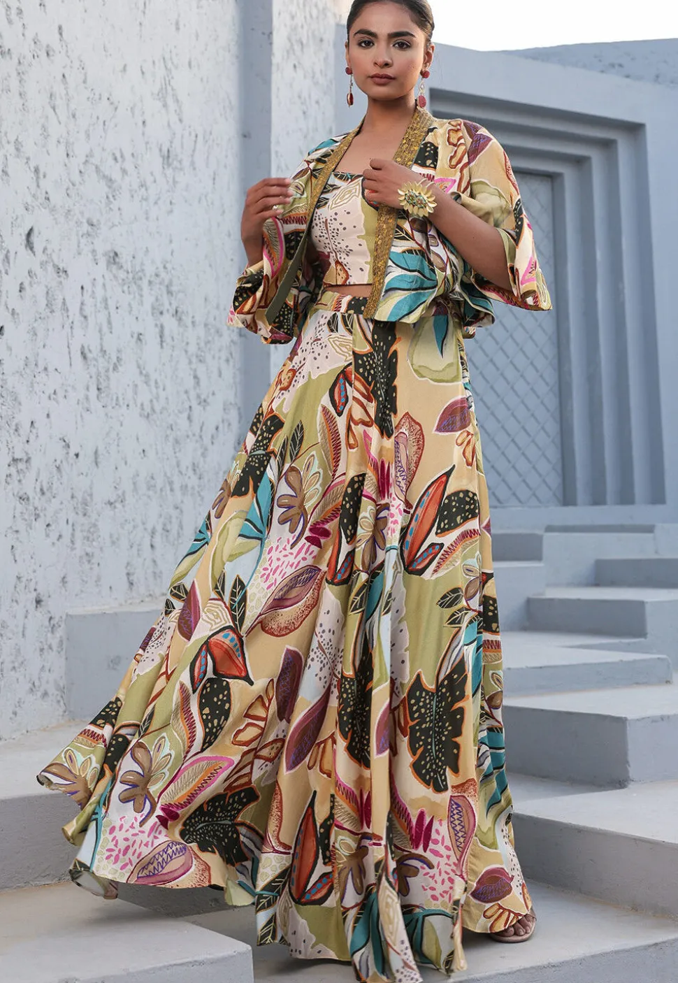 Digital Printed Satin Crop Top Set in Multicolor