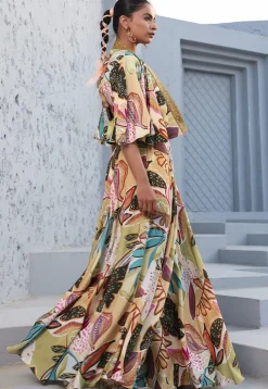 Digital Printed Satin Crop Top Set in Multicolor