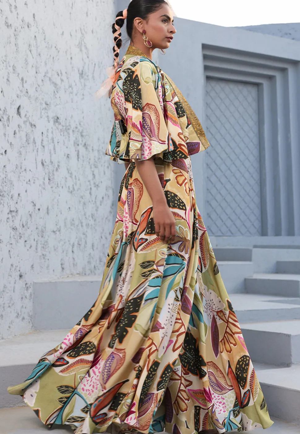 Digital Printed Satin Crop Top Set in Multicolor
