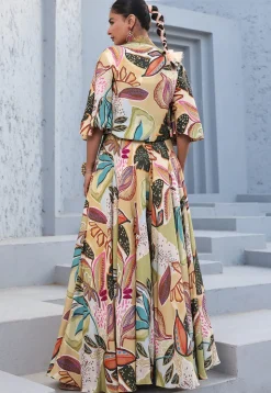 Digital Printed Satin Crop Top Set in Multicolor