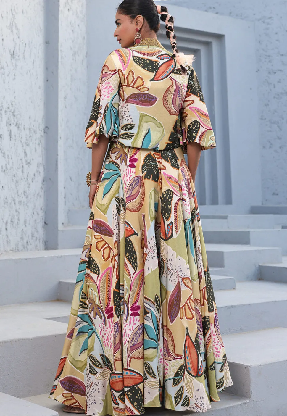 Digital Printed Satin Crop Top Set in Multicolor