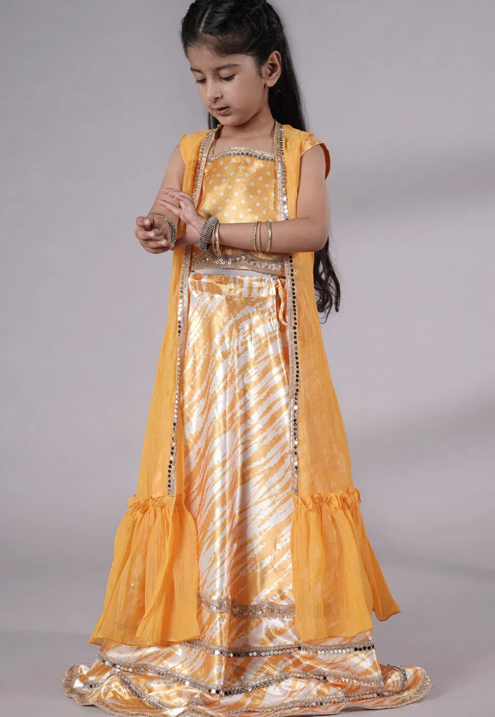 Digital Printed Satin Crop Top Set in Yellow
