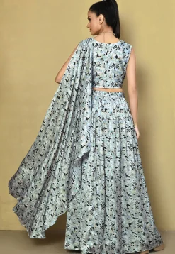 Digital Printed Satin Crop Top Set in Grey
