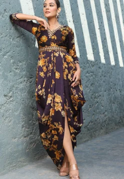 Digital Printed Satin Drape Gown in Dark Purple
