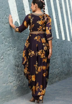 Digital Printed Satin Drape Gown in Dark Purple