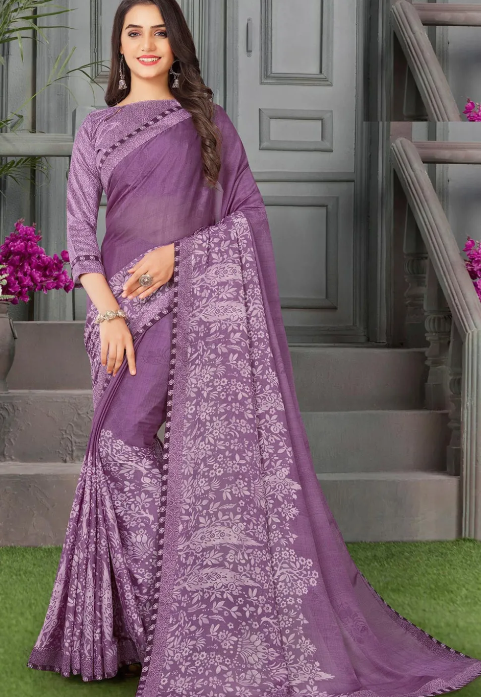 Digital Printed Satin Georgette Saree in Purple