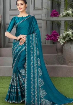 Digital Printed Satin Georgette Saree in Teal Blue