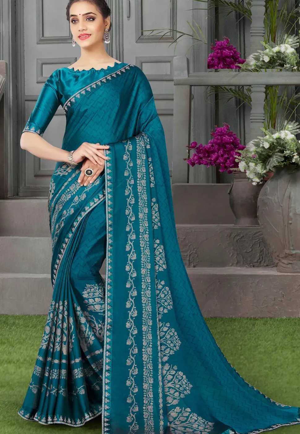 Digital Printed Satin Georgette Saree in Teal Blue