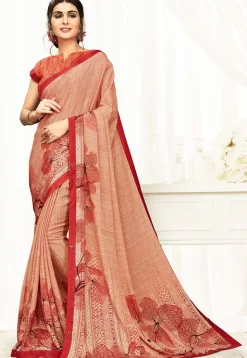 Digital Printed Satin Georgette Saree in Dusty Peach