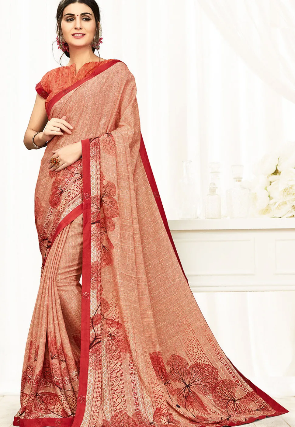 Digital Printed Satin Georgette Saree in Dusty Peach