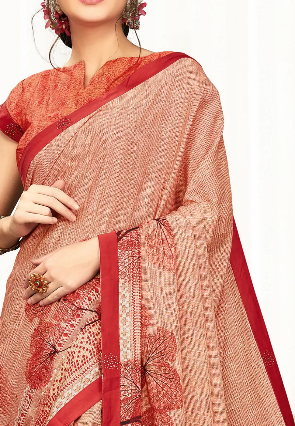 Digital Printed Satin Georgette Saree in Dusty Peach