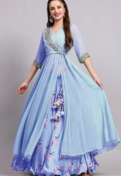 Digital Printed Satin Georgette Lehenga in Sky Blue