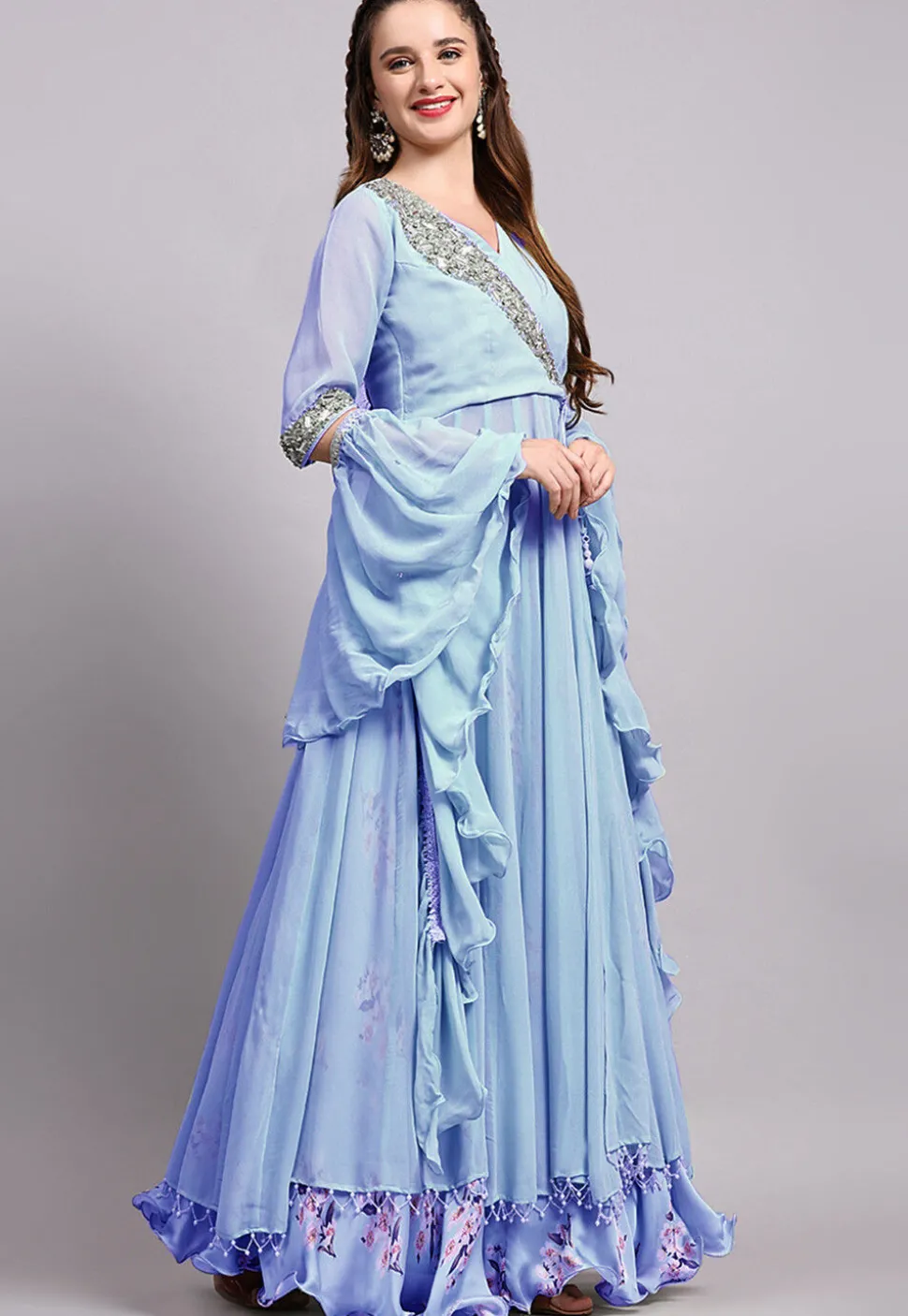Digital Printed Satin Georgette Lehenga in Sky Blue