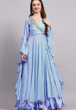 Digital Printed Satin Georgette Lehenga in Sky Blue