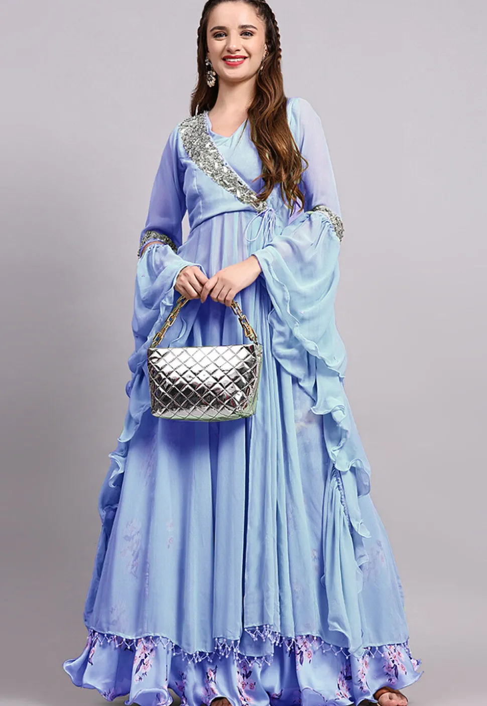 Digital Printed Satin Georgette Lehenga in Sky Blue