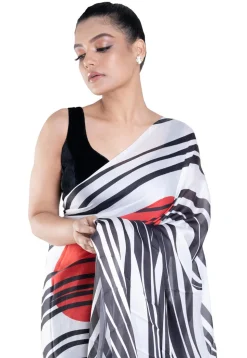 Digital Printed Satin Georgette Saree in Black and White
