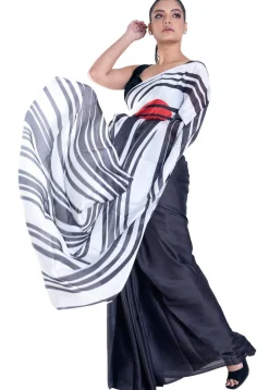 Digital Printed Satin Georgette Saree in Black and White