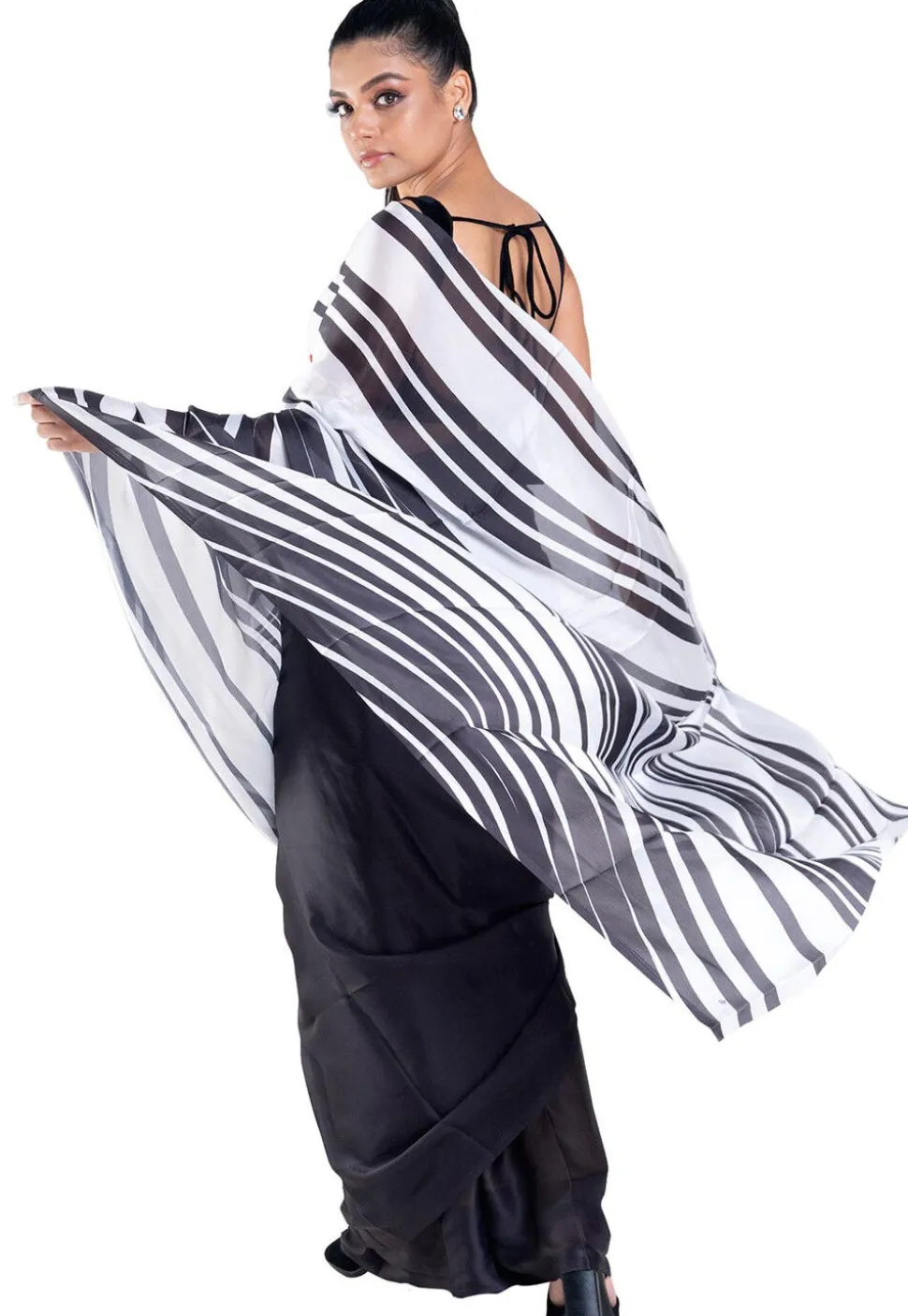Digital Printed Satin Georgette Saree in Black and White