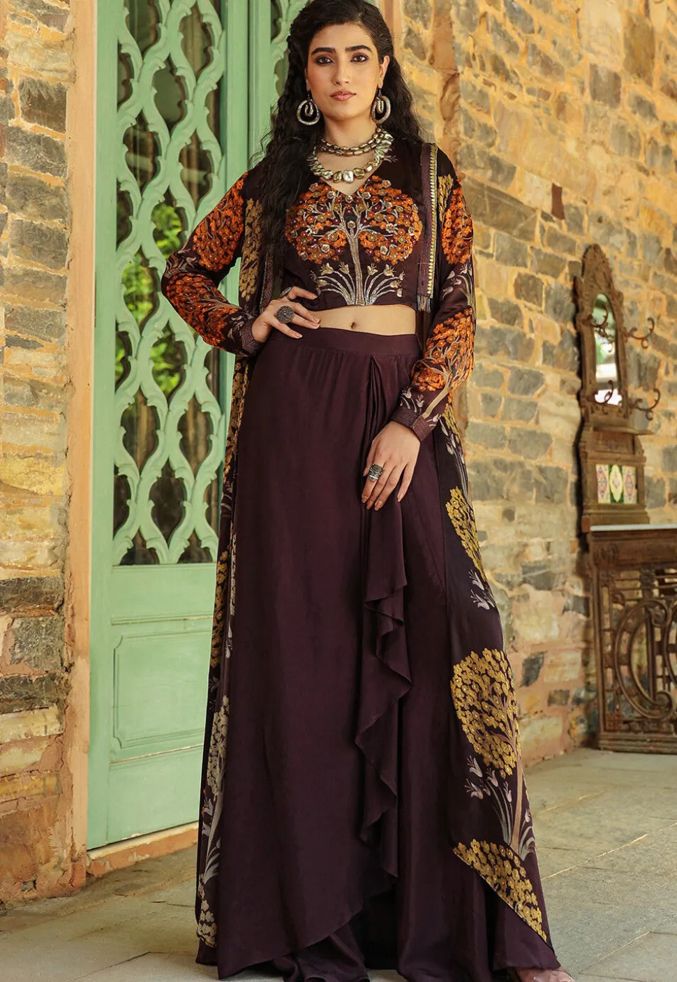Digital Printed Satin Georgette Crop Top Set in Dark Violet