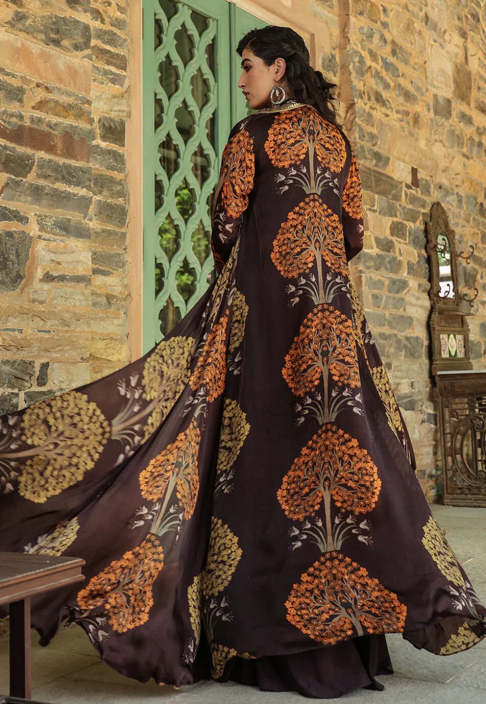 Digital Printed Satin Georgette Crop Top Set in Dark Violet
