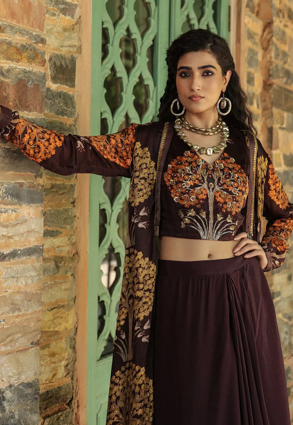 Digital Printed Satin Georgette Crop Top Set in Dark Violet