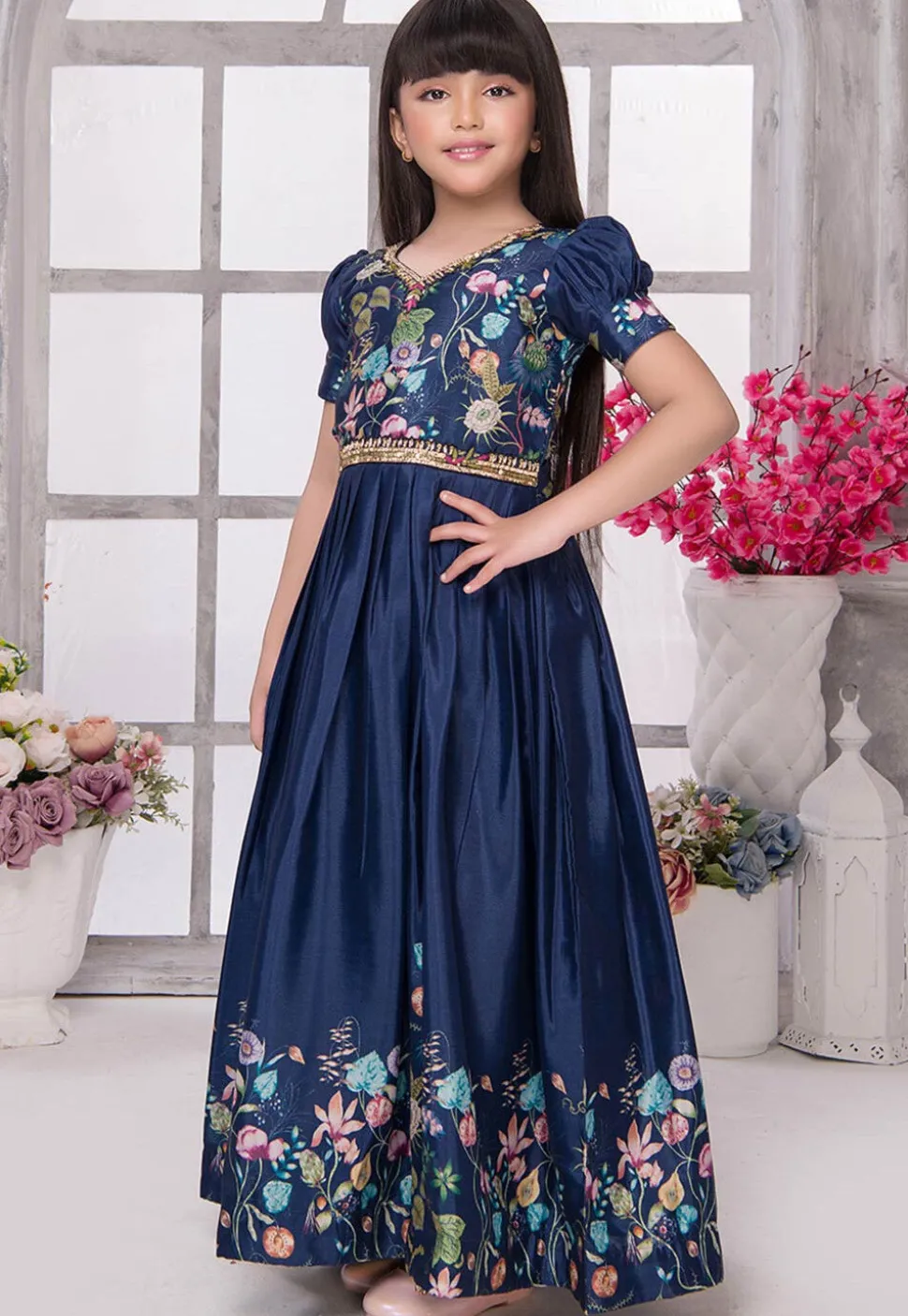 Digital Printed Satin Gown in Navy Blue