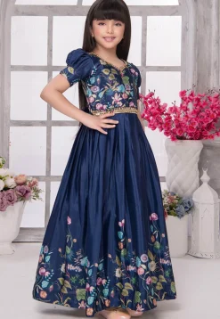 Digital Printed Satin Gown in Navy Blue