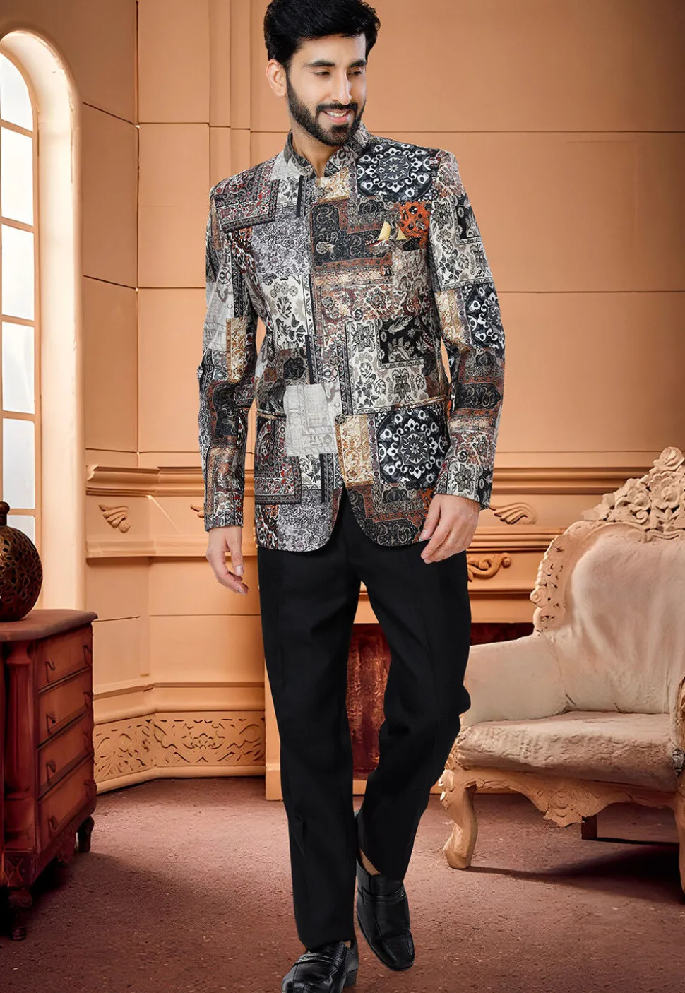 Digital Printed Satin Jodhpuri Suit in Multicolor