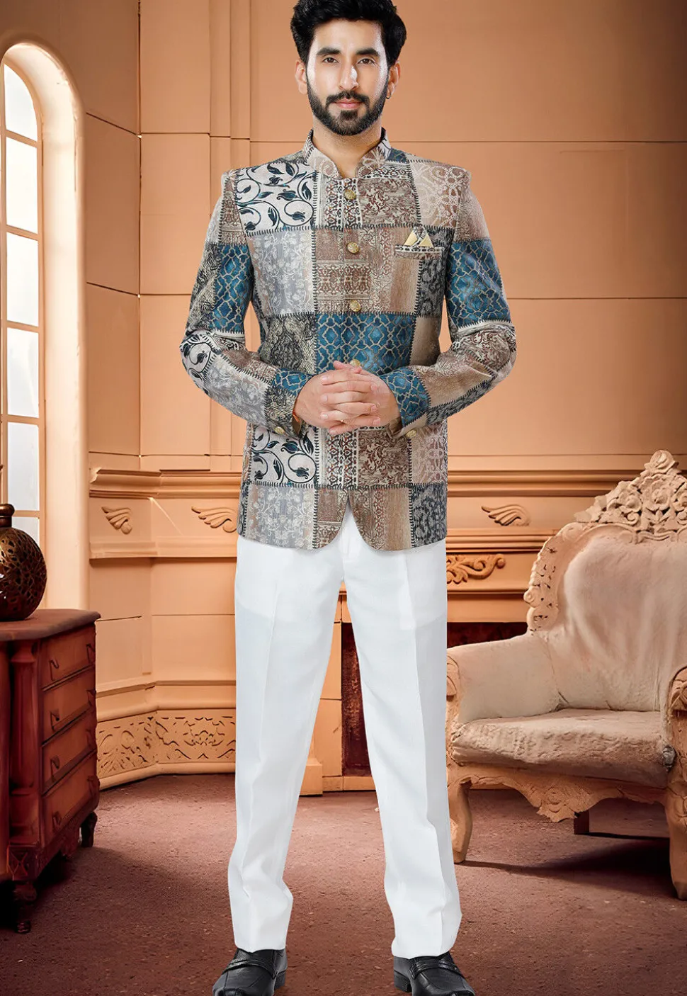 Digital Printed Satin Jodhpuri Suit in Multicolor
