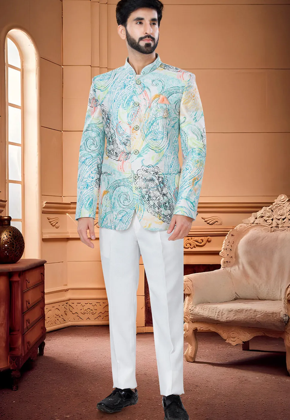 Digital Printed Satin Jodhpuri Suit in Blue and Multicolor