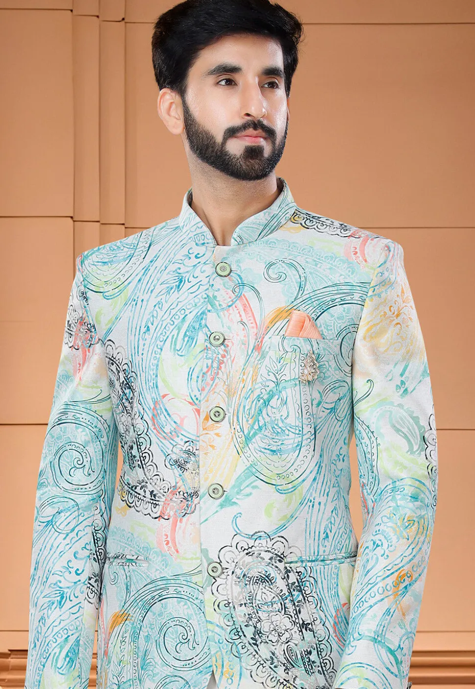 Digital Printed Satin Jodhpuri Suit in Blue and Multicolor