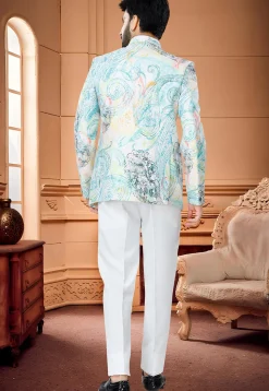 Digital Printed Satin Jodhpuri Suit in Blue and Multicolor
