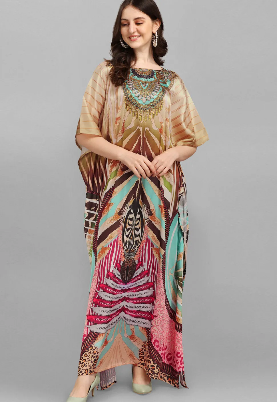 Digital Printed Satin Kaftan in Multicolor