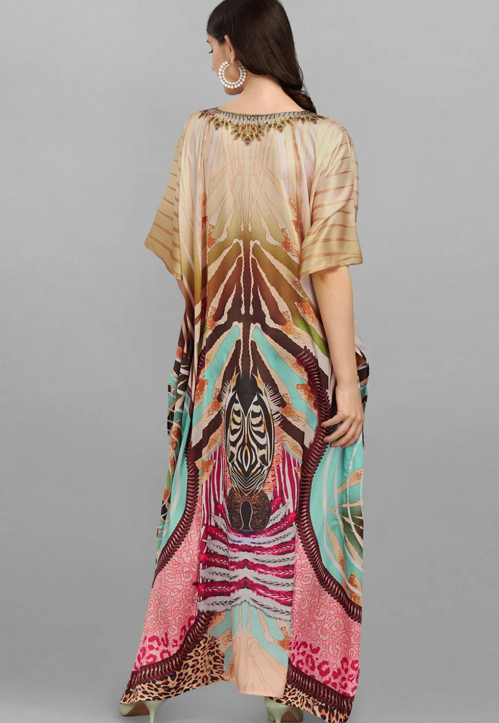 Digital Printed Satin Kaftan in Multicolor