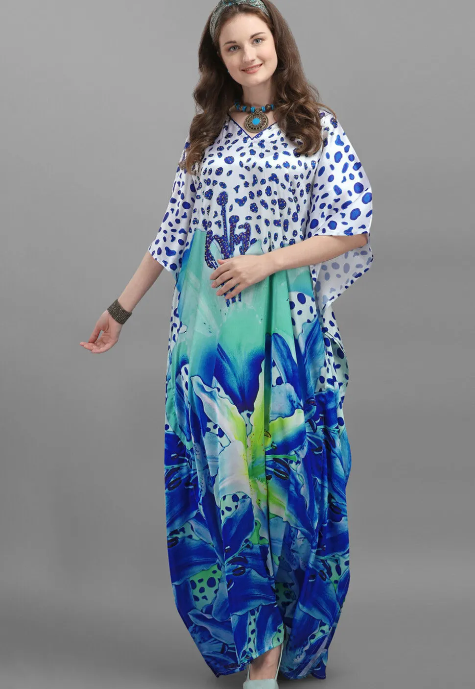 Digital Printed Satin Kaftan in White and Blue