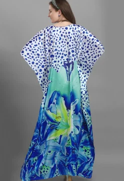 Digital Printed Satin Kaftan in White and Blue