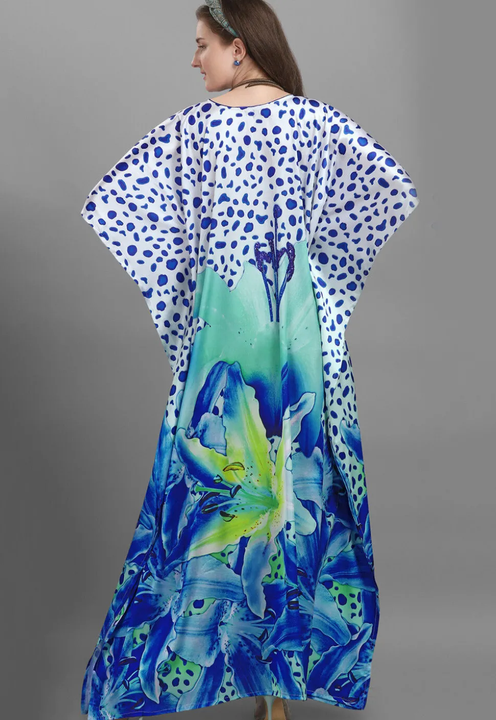 Digital Printed Satin Kaftan in White and Blue