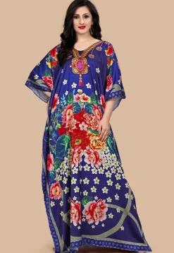 Digital Printed Satin Kaftan in Blue
