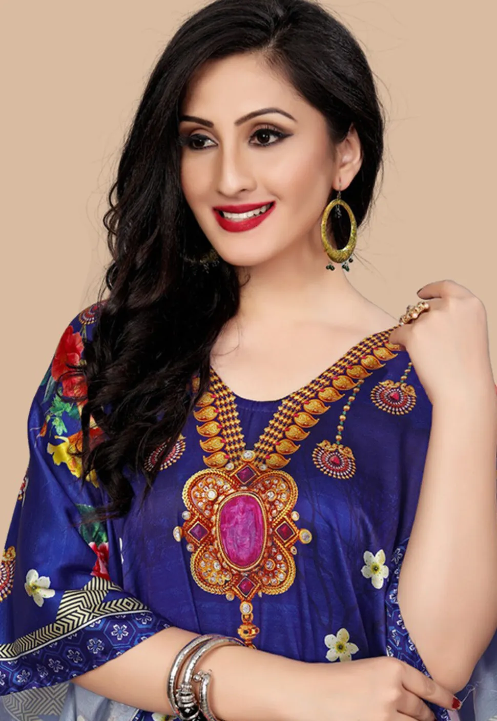 Digital Printed Satin Kaftan in Blue