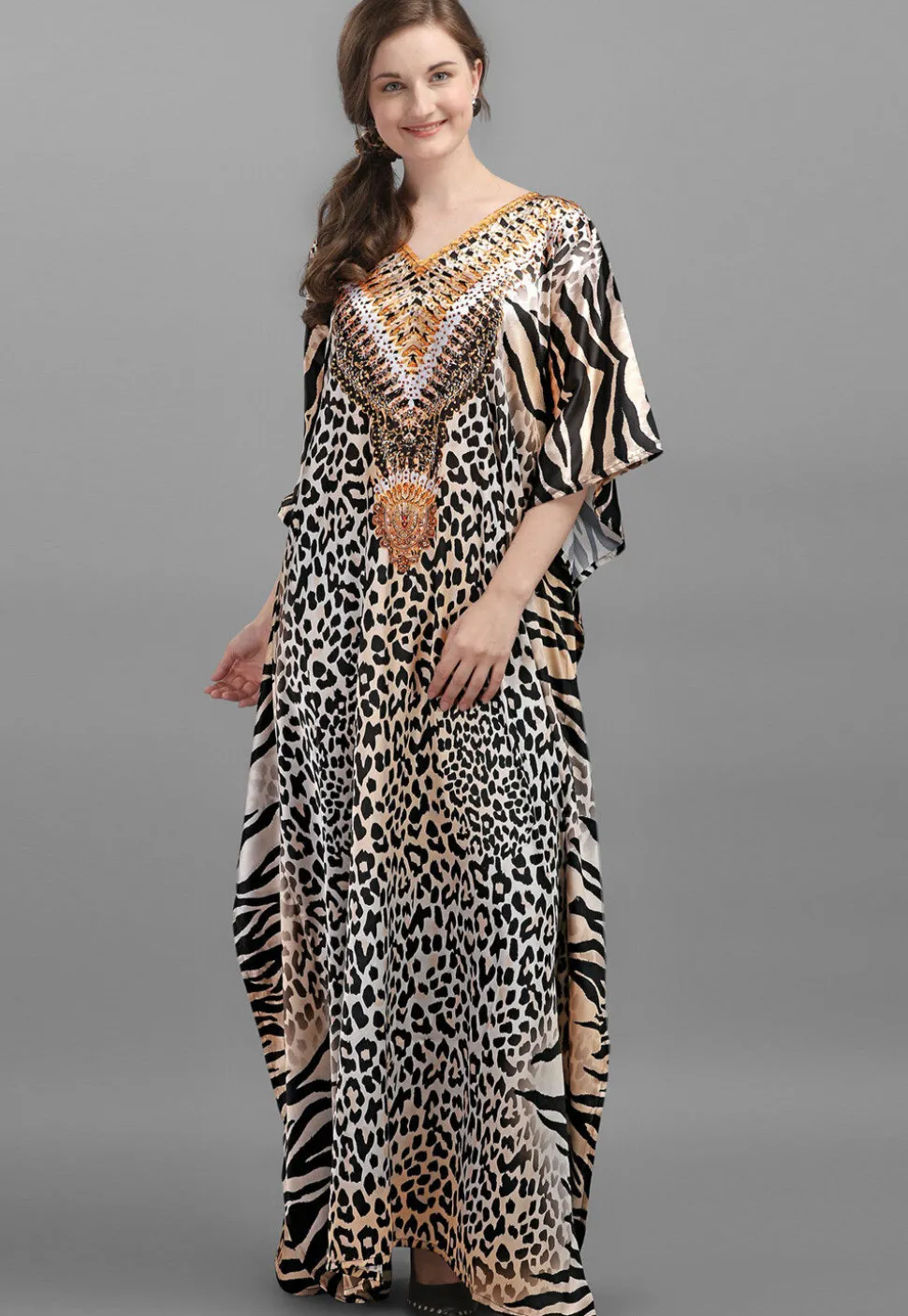 Digital Printed Satin Kaftan in Beige and Black
