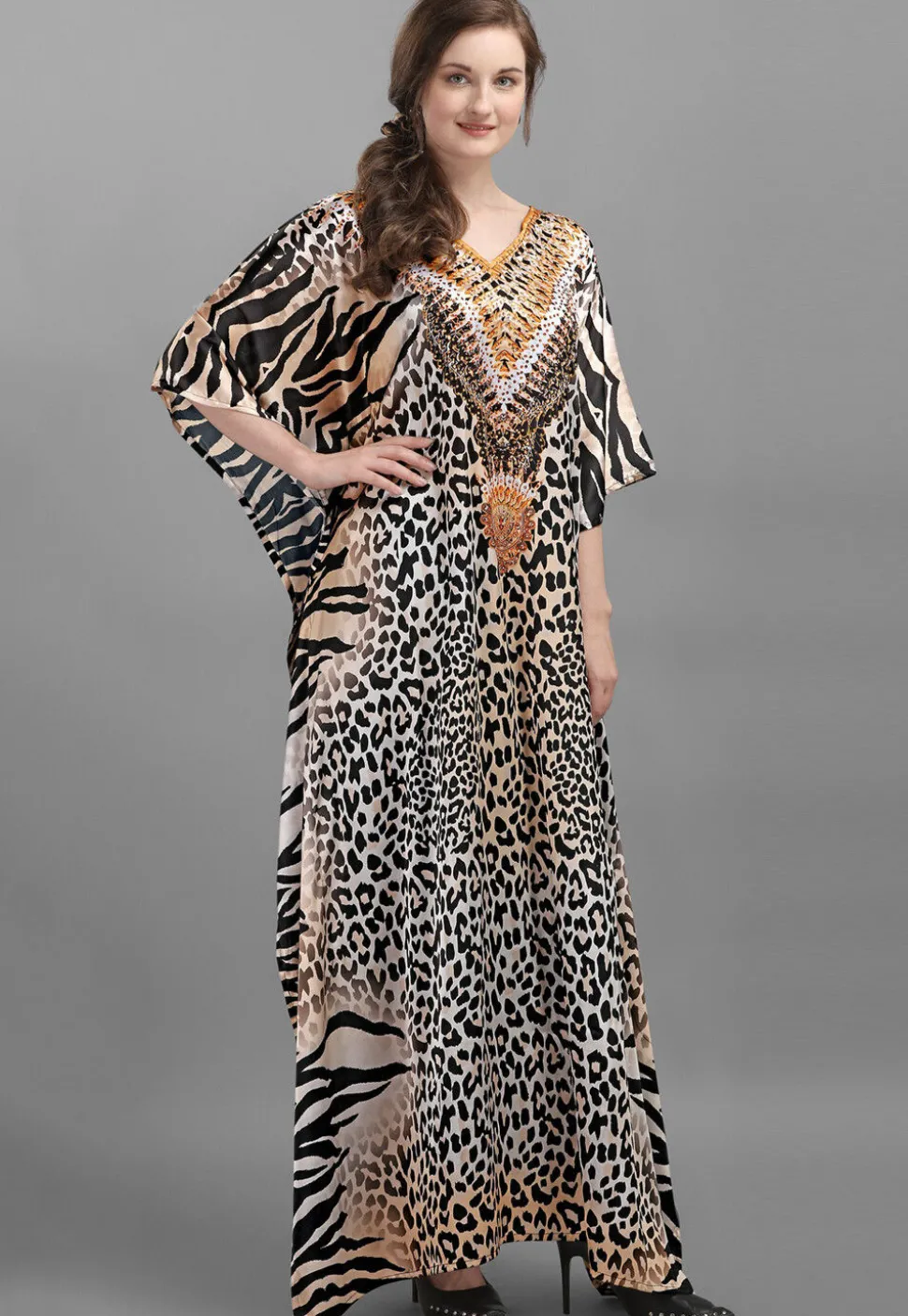 Digital Printed Satin Kaftan in Beige and Black