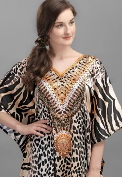 Digital Printed Satin Kaftan in Beige and Black