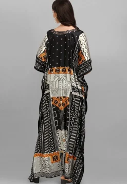 Digital Printed Satin Kaftan in Black and Off White