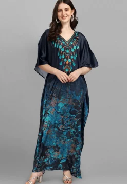 Digital Printed Satin Kaftan in Navy Blue
